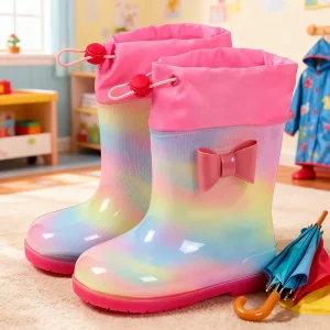 Kids Waterproof PVC Rain Boots Rainbow Pink Ankle Shoes Lightweight and Anti Slip Customization Children Rain Boots