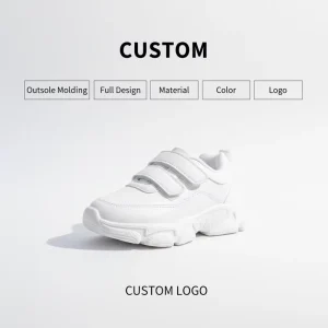 Kids White Sneakers Double Hook and Loop Strap Leather Upper Non Slip Casual Shoes Boys Girls OEM