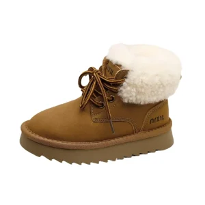 Kids Winter Casual Shoes Toddler Plush Warm Mid-Top Booties Genuine Leather Round-Toe Thick Sole Wool Snow Boots for Boys Girls