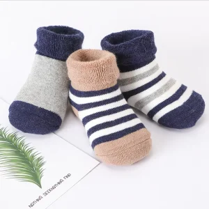 Knitted Kids Socks Cotton Winter Simple Stripe Pattern Non-slip Newborn Boy Baby Toddler Sock Shoe