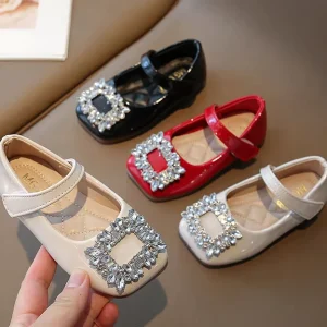 Korean Retro Rhinestone Square Buckle Girls’ Princess Shoes Leather Square Toe Flat Bottom Children’s Shoes
