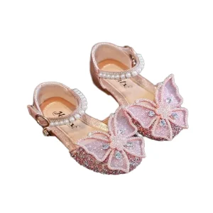 Korean Style Bow Tie Girls’ Shoes pink Princess Low Heeled Shoes Children’s Dance Single Shoes for 3Y