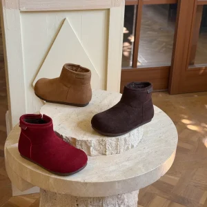 Korean Style Children’s Ankle for Boots Winter Fleece Lined Warm Cotton Side Zipper Lightweight Rubber Outsole Unisex Red