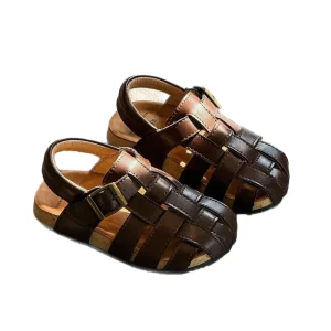 Korean Style Children’s Sandals Summer Retro Woven Hollow Velcro Closure Rubber Outsole