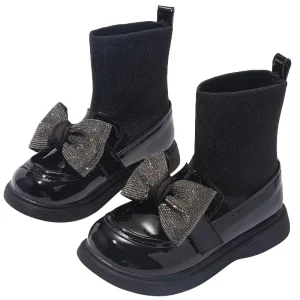 Korean Style Cute Bow Princess Short Boots for Kids Winter Microfiber Plush Warm Snow Boots for Girls Upper Material Leather