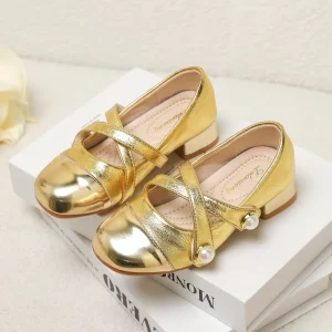 Korean Style Girls’ Sequined Princess Shoes Synthetic Leather Dance Shoes Breathable Hook and Loop Premium Microfiber Fabric