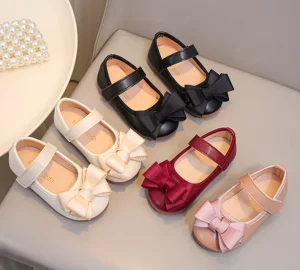 Korean Style Spring Kids Outwear Bow Wedding Party PU Leather Soft Sole Princess Flat Dress Shoes for Baby Girl