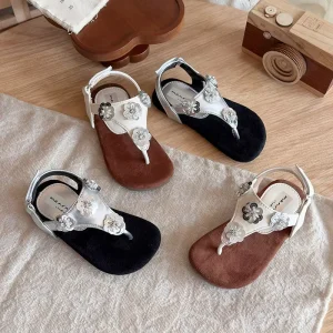Korean Style Summer Baby Children Shoes Elegant Crystal Flower Princess Flat Sandals for Girls