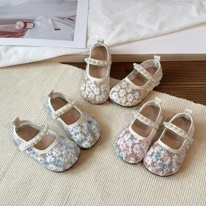 Korean Style Summer Spring Kids Fashion Outwear Embroidery Flower Princess Baby Girl Flat Dress Shoes