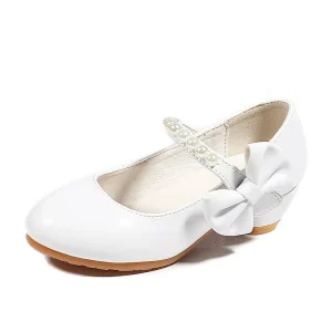 Korean Version High Heels for Kids White Leather Princess Shoes with Bow Pattern Girls Princess Spring Summer Dance Wear