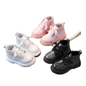 Korean Version Unisex Ankle Boot Shoes Fashionable Shiny Leather Boots for Kids for Autumn Winter Spring Summer