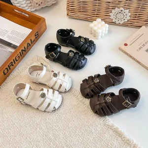 Korean Vintage Design Summer Children Woven Shoes Closed Toe Camellia Decor Princess Girls Flat Roman Sandals