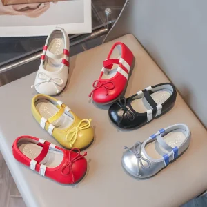 Korean style Kids’ Elastic Strap Leather Shoes Soft Sole Casual Flats for Girls Fashion Bowknot Slip on Shoes for Toddlers