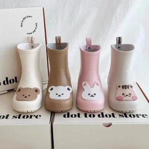 Korean-style Kids Rain Boots Little Bear Design Non-slip Toddler Water Shoes Waterproof Lightweight PVC Mid-Calf
