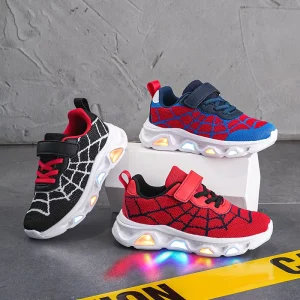 LED Luminous Sports Sneakers for Boys Spider Web Non slip Little Cartoon Kids Casual Shoes Light Shoes