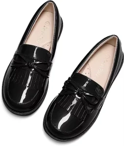 LEXING Kids Shoes Girls Patent Leather Loafers School Uniform Dress Shoes Tassel Bow Flats