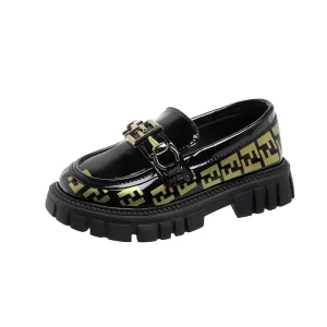 LY New Children Casual Footwear Fashion Kids Loafers with FF Pattern Black PU Leather School Shoes for Girls