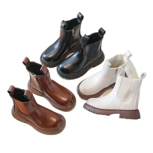 LY New Children Winter Boots British Thick Heeled Ankle Boots Soft Baby Leather Boots for Boy Girl Kids Shoes