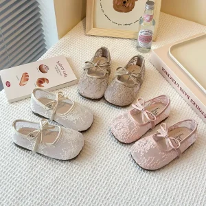 Lace Pattern Girls Dress Shoes Soft Bottom Pink Beautiful Princess Footwear for Children Bow Designer Kids Party Shoes