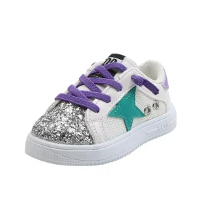 Lace up Star Pattern Girls’ Children’s Sneakers Bling Glitter Shining Casual Toddler Kid PU Breathable Anti Odor Sparkle Shoes