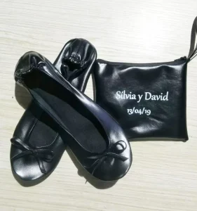 Ladies Black Ballet Flats Slip On Foldable Shoes for Spring Autumn Wedding Gift with Printed Design