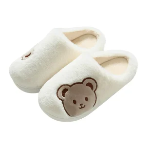 Ladies’ Winter Cute Animal Bear Cotton Slippers Winter House Indoor Slides Plush Soft Warm Home Non-Slip Lined Slippers