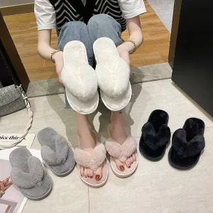 Ladies Winter Furry Candy Colored Rabbit Hair Slippers Comfy Candy Hued House Shoes Women Low Heeled Plush Cotton Slippers