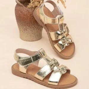 Latest Fashion Gold Leather Upper Kids Bowknot Shoes Girls Sandals