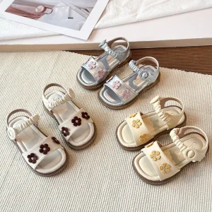 Latest Korean Style Summer Sweet Baby Shoes Flower Floral Pattern Princess Girls’ Sandals