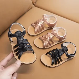 Latest Summer Boutique Children Beach Shoes PU Woven Soft Sole Casual Baby Girls Flat Sandals