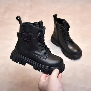 Latest Winter Designs Solid Color Side Zipper Leather Shoes Thick Martin Children Fashion Boots