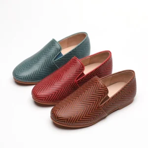 Lexing New Design Spring Summer Style Wavy Leather Upper Kids Slip on Loafers Shoes