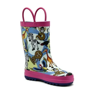Light Blue Jungle Wild Cartoon Animal Rubber Rain Boots Toddler Rain Boots with Dual Fuchsia Easy Pull Handles