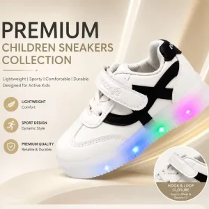 Light Emitting Kids Girls Boys Sneakers Breathable Lightweight PU Leather Sport Shoes Velcro Closure Casual Walking