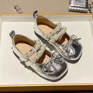 Light Gold Pearl Decorated Bow Kids Girls Flats Soft Insole Dress Shoes for Party Wedding Daily Wear Toddler