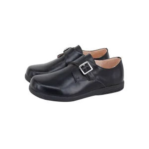 Light Weight Adjustable Buckle Kids Shoes Black High Sheen Leather Slip on School Shoes for Boys