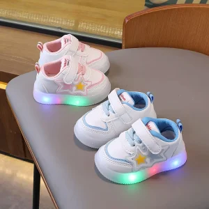 Light-up Baby Boy Shoes Soft Sole Infant Walking Shoes Girls’ Toddler Skate Shoes Non-slip White Sneakers