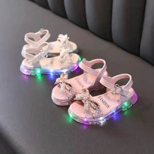 Light up Girls Sandals Baby Shoes Summer New Bow Children’s Soft Bottom Kids LED Sandals