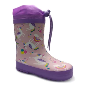 Lightweight Kids Printed Rain Boots Drawstring Knee High Rubber Shoes with EVA Insole and Cotton Lining