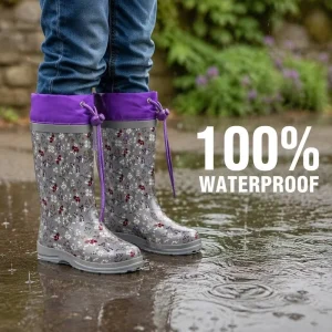Lightweight Soft Natural Rubber Kids Rain Boots Drawstring Collar Floral Print Waterproof Wellington Boots OEM ODM