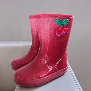 Little Girl Sparkling Red Midi Rain Boot Children Jelly Shoes Kids Cherry Design Plastic Water Shoes
