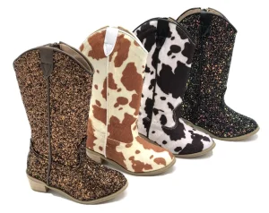 Little Girls Glitter High Heel Boots Side Zipper Retro Western Cowboy Boots Golden Sequin Cow Print Kids Children Shoes