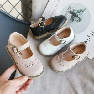 Lolita Children’s PU Leather Shoes Velcro Anti slip Kids Wedding Dress Footwear Black and White Girls Uniform Shoes