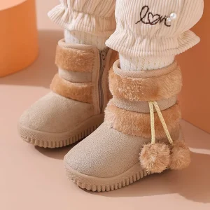 Lovely Girls Snow Boots Kids Fuzzy Balls Warm Faux Fur Lined Anti Slip Outdoor Winter Shoes Toddler