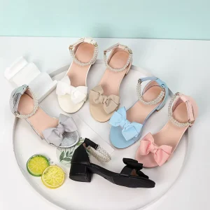 Low Heel Design Bow Sandals for Little Girls Pearl Children’s Summer Footwear Princess Style Kids Bow-knot Party Shoes