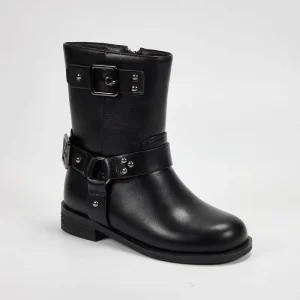 Low MOQ Custom Children Shoes Black Ankle Boots Round Toe Toddler Short Boots Flat Heels Kids Biker Boots with Buckles