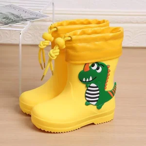 Low MOQ Easy on PVC Wellies Kid’s Waterproof Animal Character with Contraction Rope Children Printed Rain Boot Cotton-padded