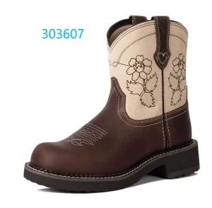 Manufacturer Custom Kids Genuine Leather Handmade Ethnic Floral Embroidery Two Tone Short Shaft Chunky Sole Cowboy Boots