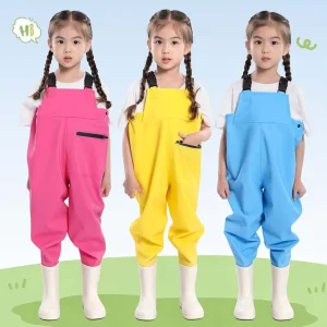 Manufacturer Quality Kids PVC Waterproof Rain Pants Breathable Knitted Fabric Waders with Boots for Water Activities