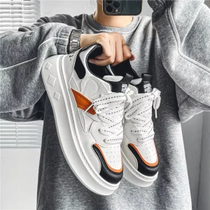Mens Spring Trendy Versatile Low-Top Lace-Up Sneakers Artificial PU Upper Thick Soles Height-Boosting Effect Student Shoes